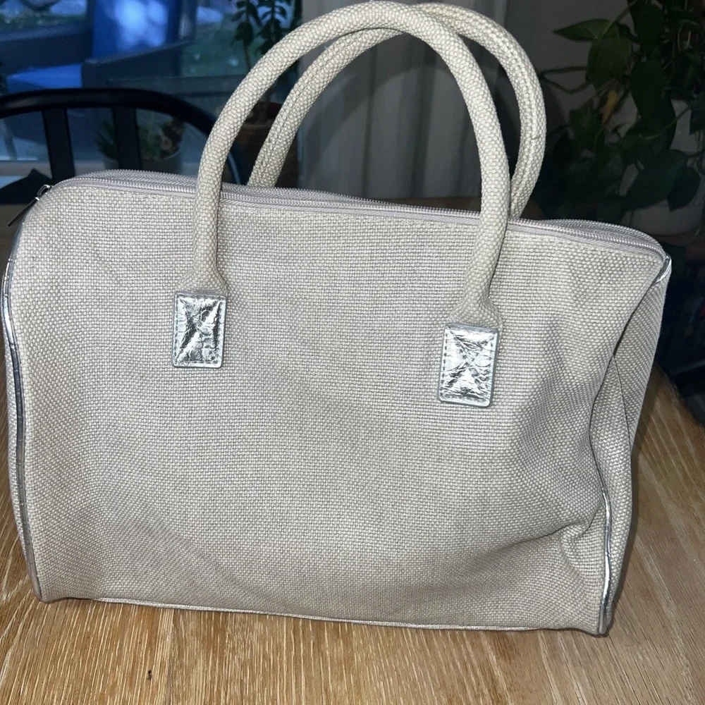 MICHAEL‎ KORS Tote Beige Canvas Silver Shimmer Satchel Bag Purse